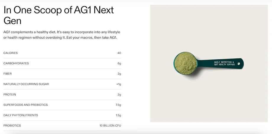 Nutrition facts for one scoop of AG1 Next Gen