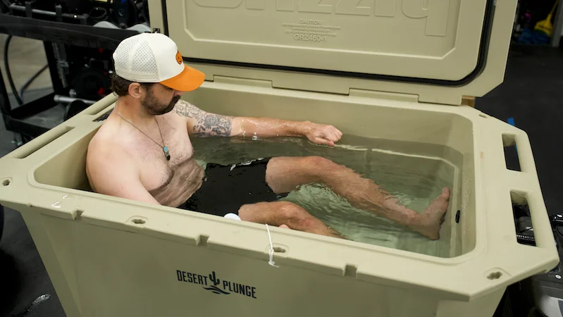 GGR Editor Ben Emminger sitting in the Desert Plunge Grizzly Wide 450 Cold Tub