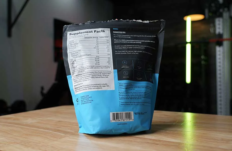 A bag of Legion Plant+ Protein powder is shown, displaying the Supplement Facts label