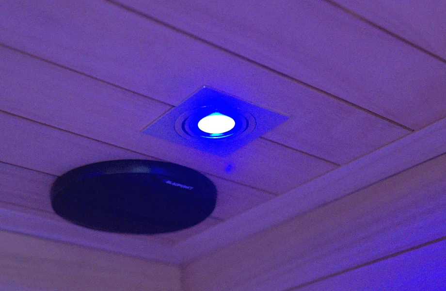 Bluetooth-capable Blaupunkt speakers and integrated chromotherapy light fixtures offered with the Sun Home Equinox infrared sauna