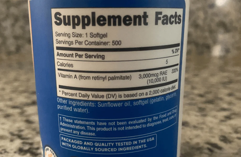 Nutricost Vitamin A 10,000 IU Softgels supplement facts