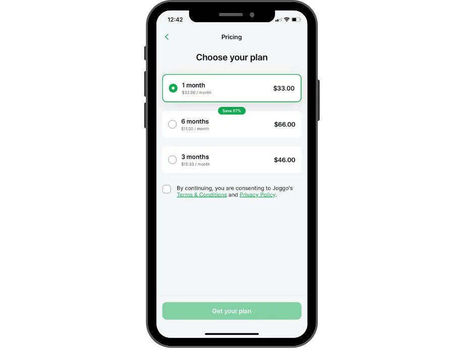 A Screenshot of the Joggo App payment plans.