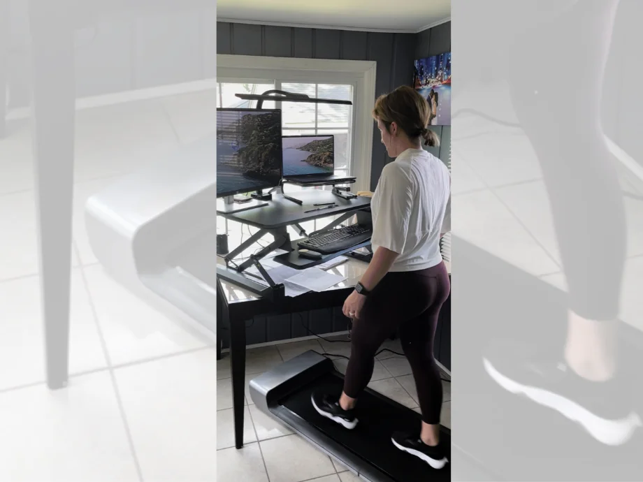woman-on-walkingpad-in-office woman walking on walkingpad treadmill at desk