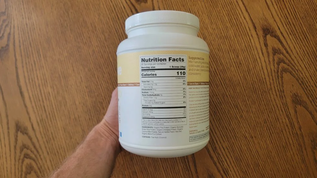 Nutrition Facts and ingredients on the label of a container of TumLove Gut-Friendly Protein Powder.