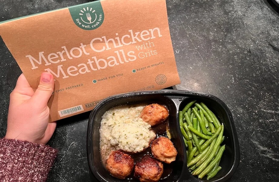 Our tester and their BistroMD meal of Merlot Chicken Meatballs with Grits