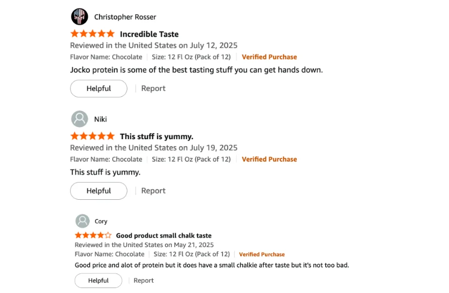 Online customer reviews of Jocko Molk protein shakes
