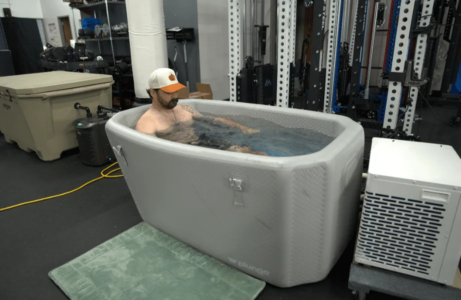 Our tester in the Plunge Air inflatable cold plunge tub