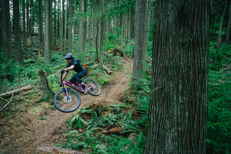 Luke Burgess rides downhill trails in the redwood forest
