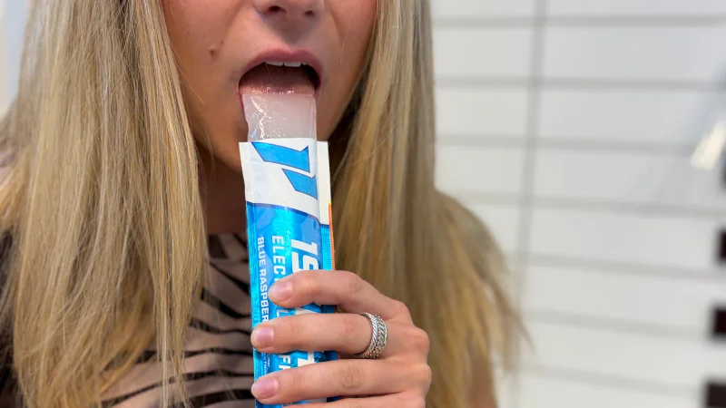 Our product tester tasting a 1st Phorm Electrolyte Freezer Pop
