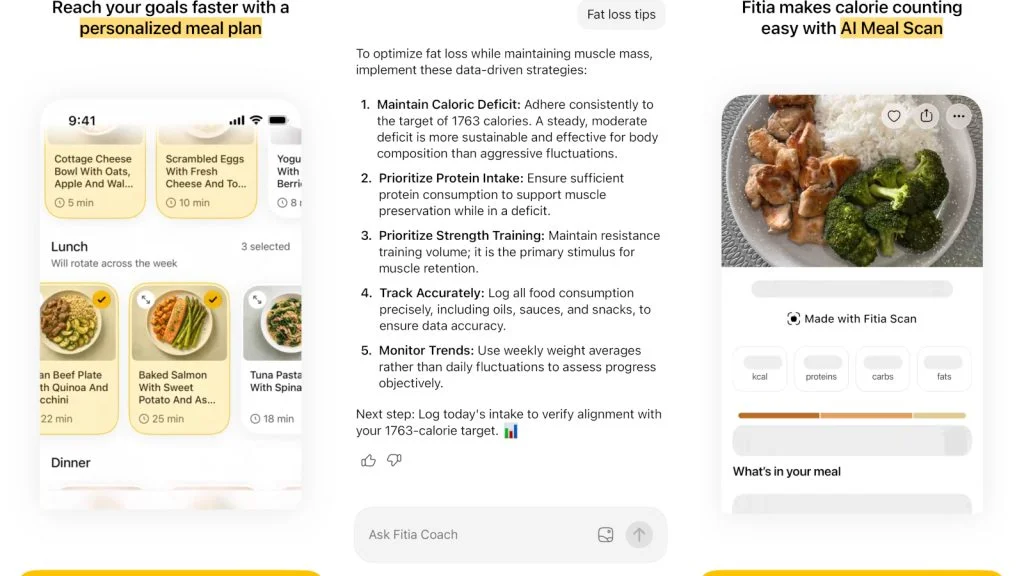 Screenshots of the fitia app that show some A.I. features.