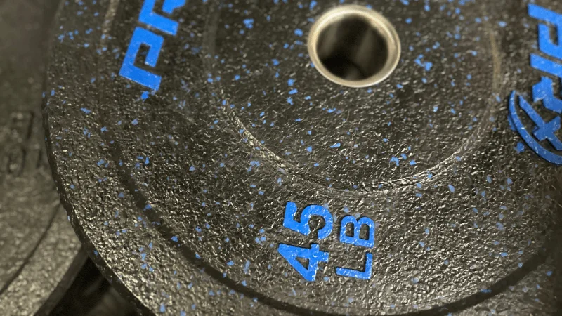 The flecked color pattern available on PRx Crumb Rubber Bumper Plates