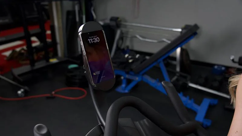 A close look at the device holder on an Echelon EX-5 exercise bike