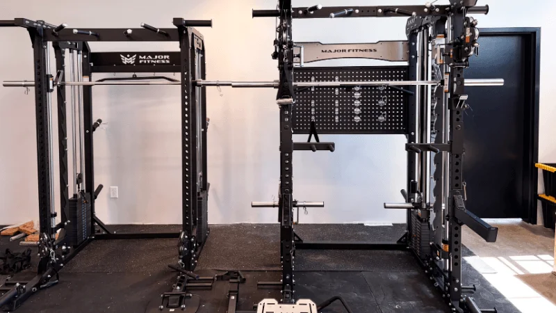 The Major Fitness B52 Pro assembled next to the Major Fitness Heritage Series B17 Flying Fortress All-In-One Functional Trainer with Smith Machine