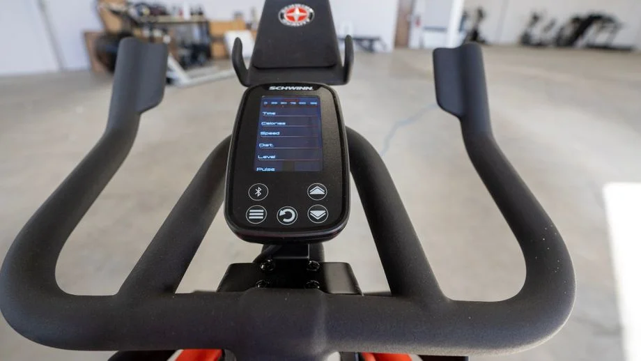 Closeup of Scwhinn IC4 bike handles and screen