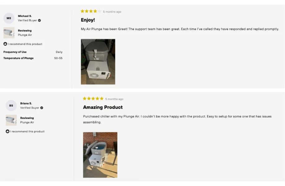 Customer reviews for the Plunge Air cold plunge tub