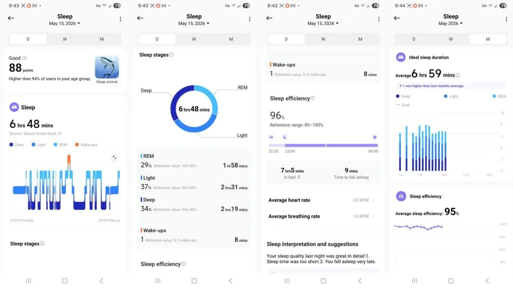 Screenshots of Sleep tracking functions in the Mi Fitness app.