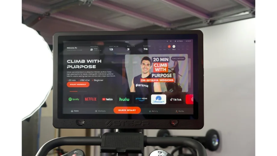 Climb with a Purpose homescreen on the STEPR display.