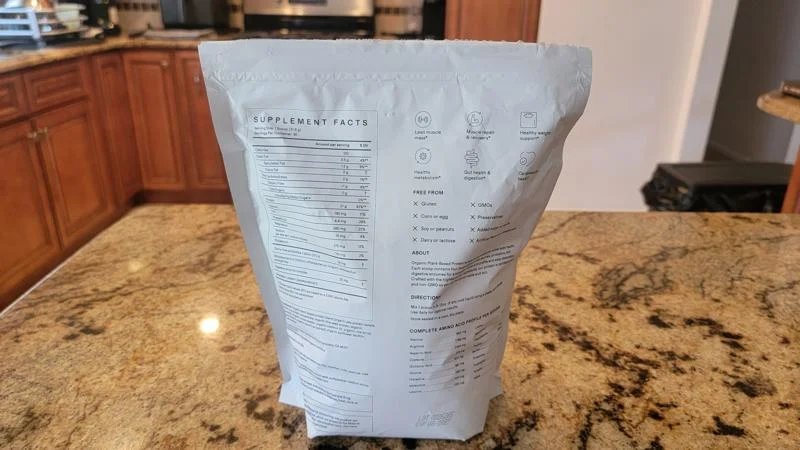 Supplement Facts on a bag of Quince Organic Plant Protein Powder