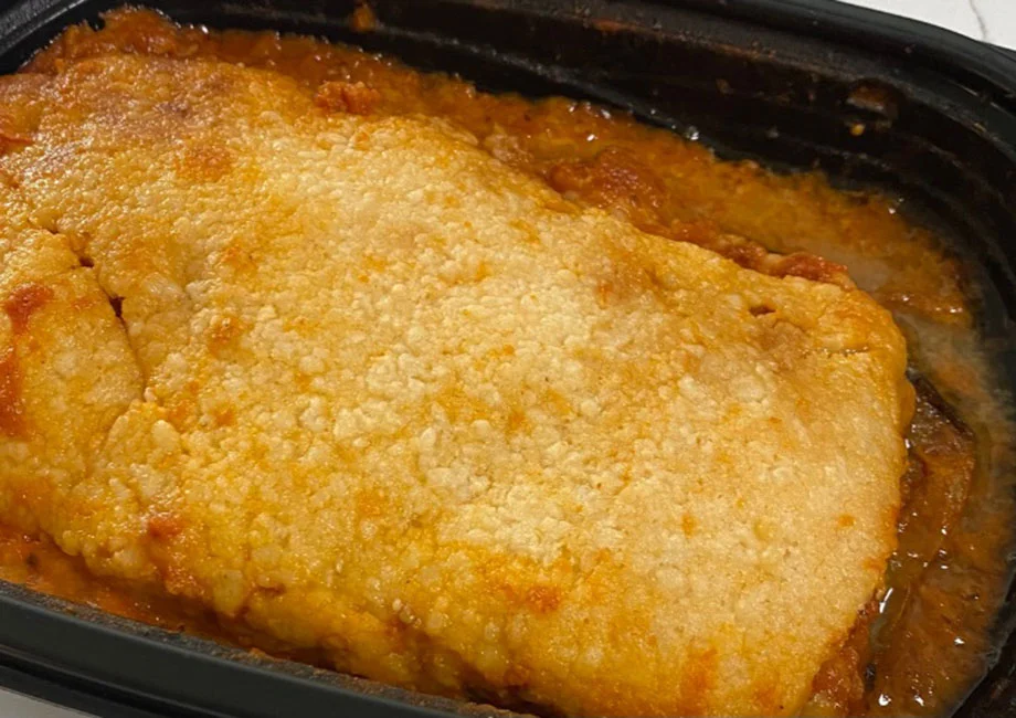 Lasagna in the baking container from the Epicured Meal Delivery&nbsp;Service.