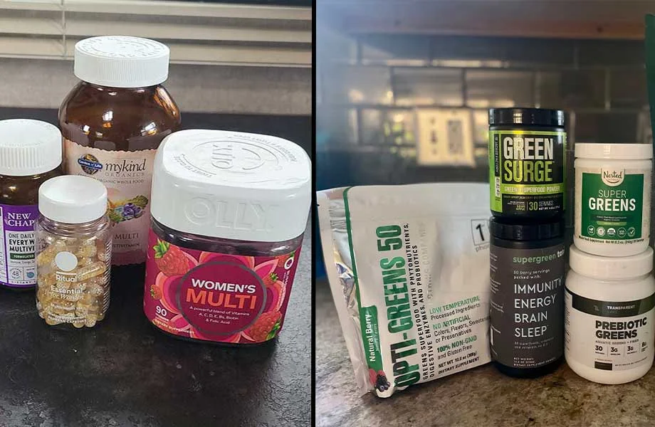 A variety of multivitamins next to a variety of greens powders