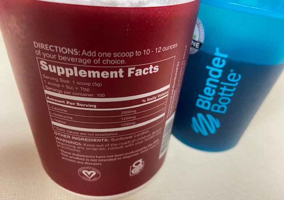 Supplement Facts label on a container of Naked Nutrition BCAAs.