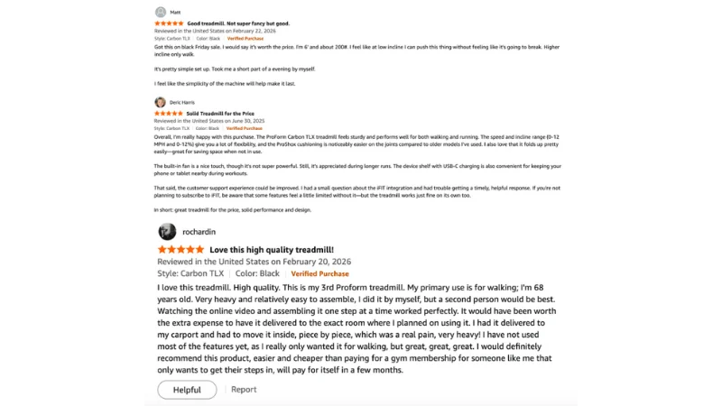 Online customer reviews for the ProForm Carbon TLX treadmill