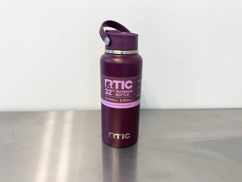 RTIC Outback bottle on a stainless steel countertop