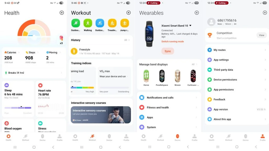 Main dashboard and tabs in the Mi Fitness app.