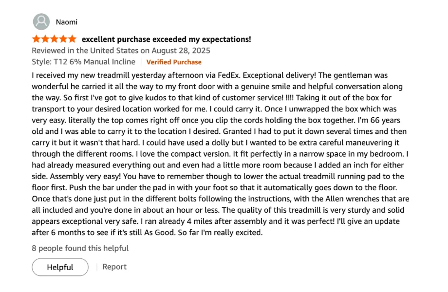 An online customer review for the MERACH T12 treadmill