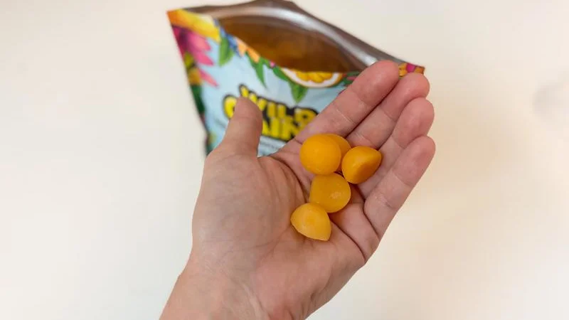 hand-holding-wild-gainz-creatine-gummies A person holds a handful of Wild Gainz Creatine Gummies.