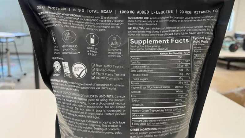 The Supplement Facts label on a bag of Sports Research Whey Protein Isolate.