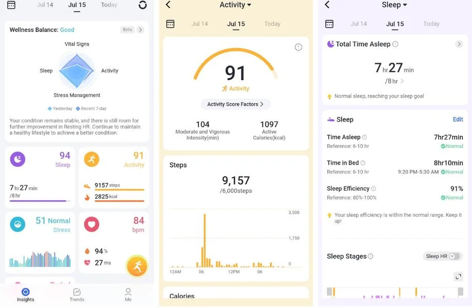 Screenshots from the RingConn app
