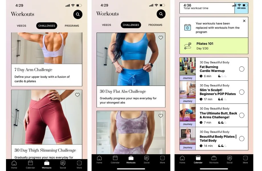 Screenshots from the Body app by Blogilates.