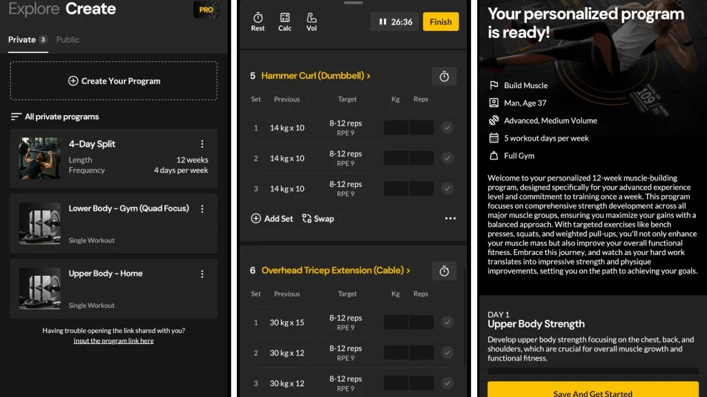 A collage of screenshots from the Boostcamp app shows various stages of the process of creating custom workout programs.