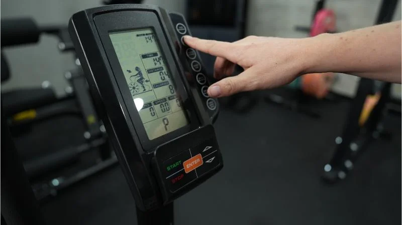 Our tester uses the control screen on the Bells of Steel Residential Air Bike.