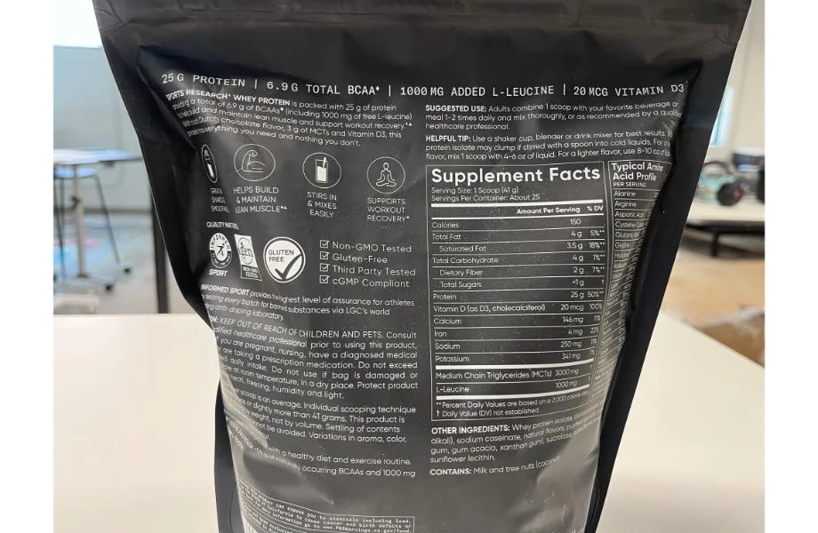 The Supplement Facts label on a bag of Sports Research Whey Protein Isolate.