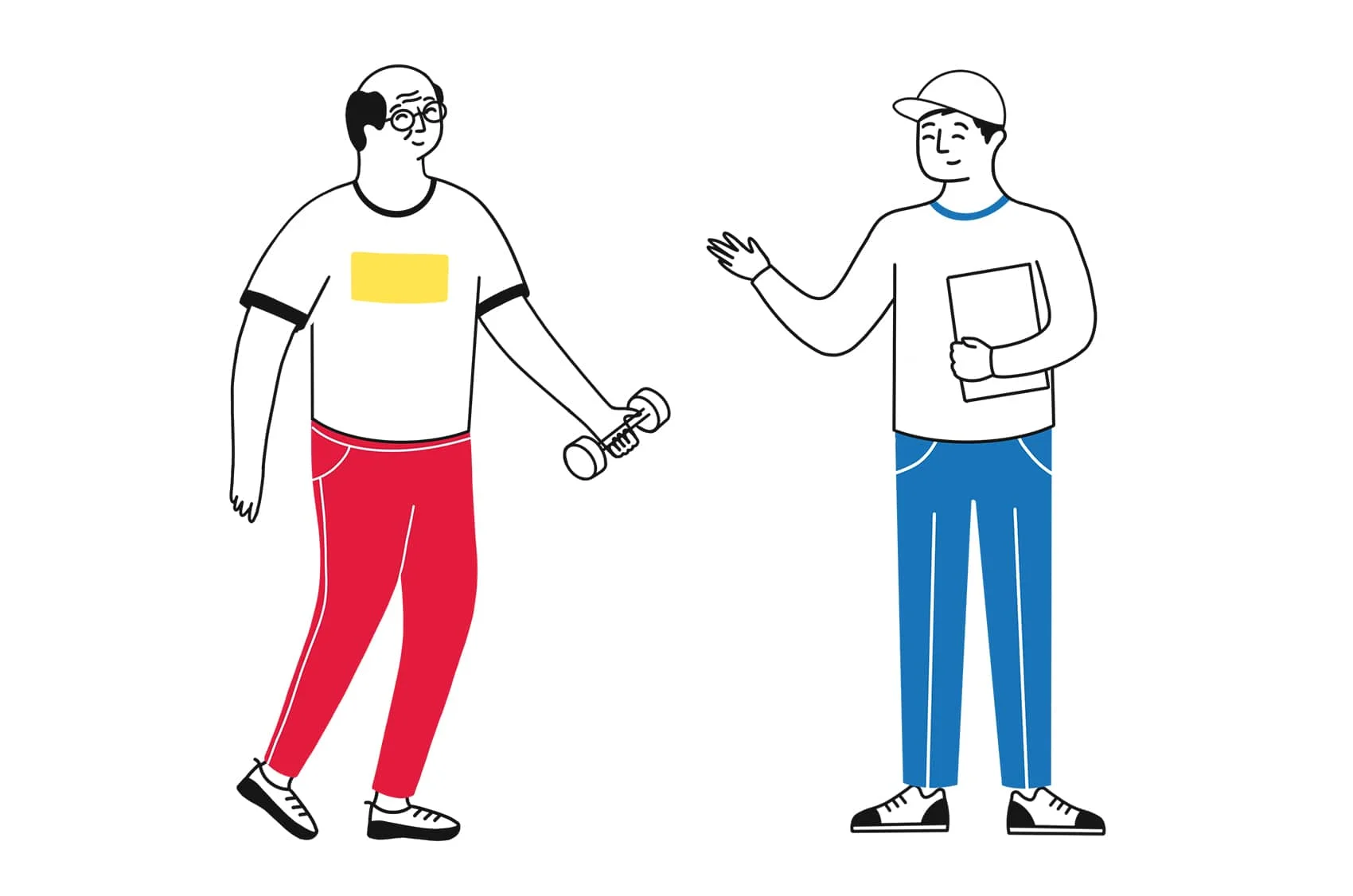 A graphic depicting a personal trainer with a client who is an older adult