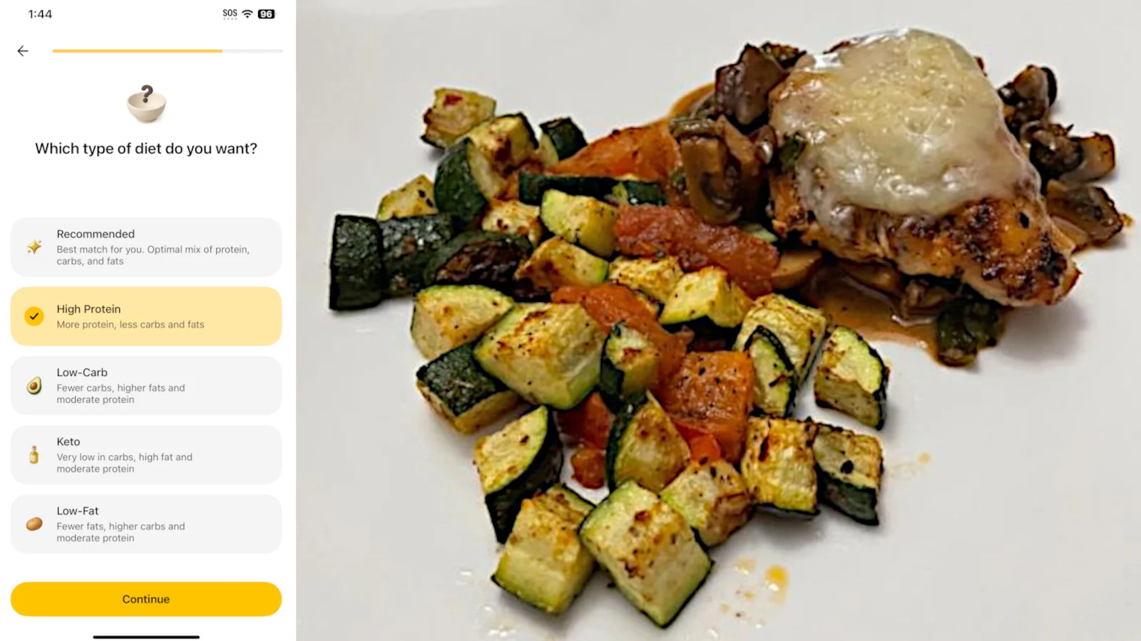A screenshot of the fitia app quiz about diet preferences next to a plated meal.