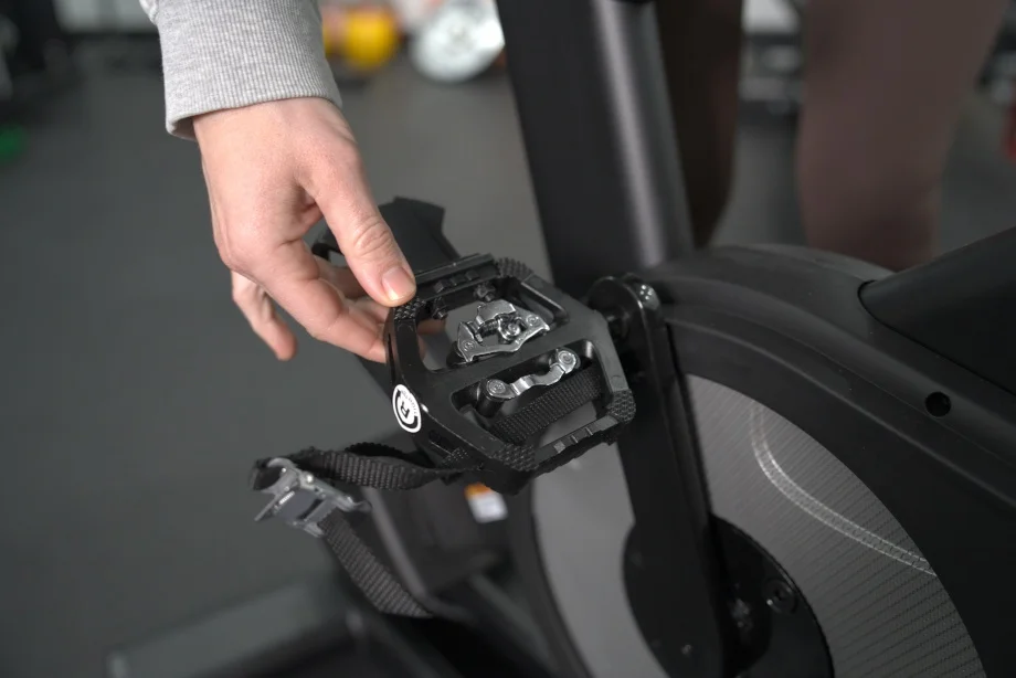 A close look at the pedals on a NordicTrack X24 Bike.