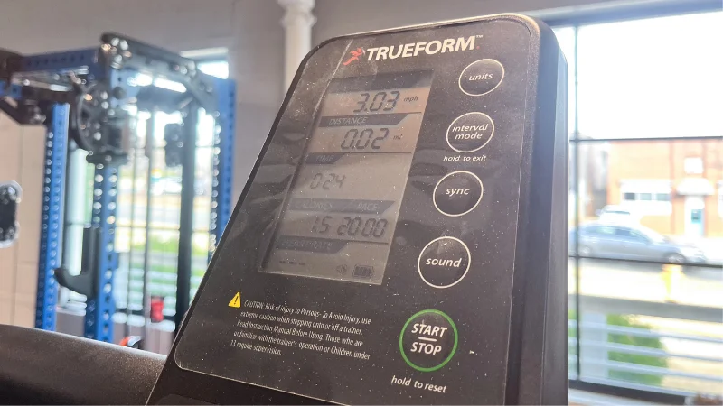A close view of the TrueForm Trainer display screen showing workout metrics