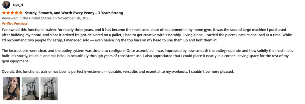 A screenshot of a customer review from Amazon on the XMark Functional Trainer