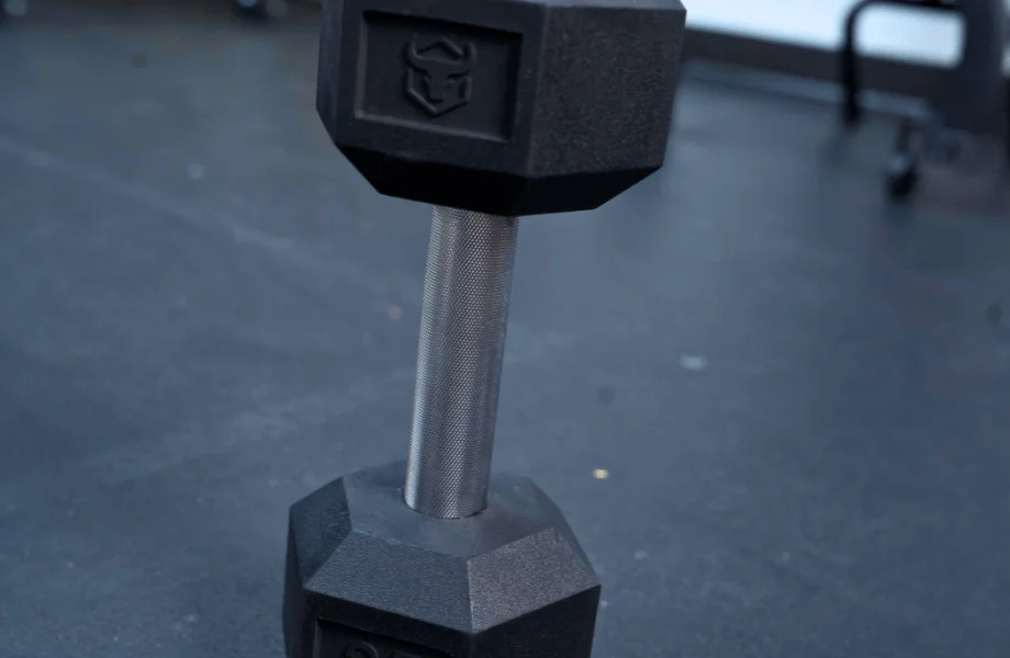 The straight handle and medium knurling featured on Iron Bull Rubber Hex Dumbbells