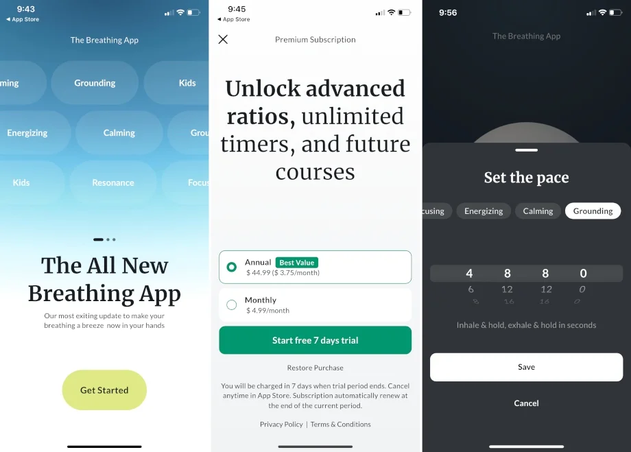 Screenshots from The Breathing App