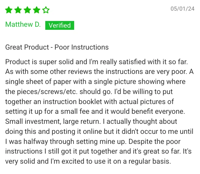 A screenshot of a verified review for the Giant Lifting Garage Gym 2.0 With Lat/Low Row