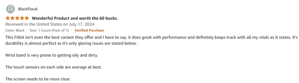 Screenshot of a positive 5-star Amazon review for the Fitbit Inspire 2, noting the fitness tracker's great performance, accurate tracking of vitals and durability, in addition to critical mentions of screen clarity, band upkeep, and mediocre touch sensors.