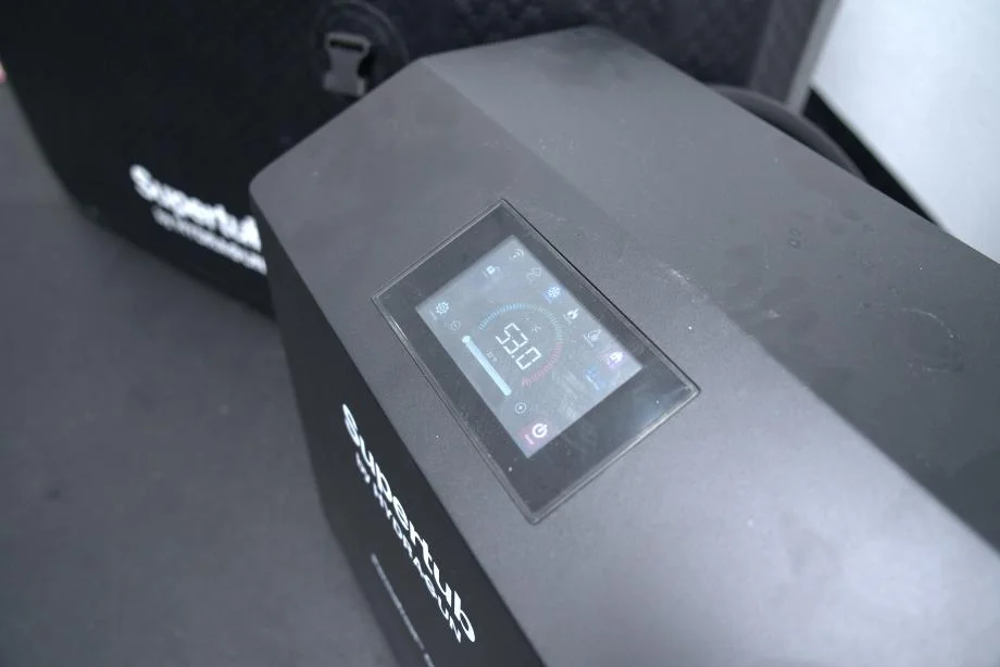 A close look at the screen controls on the Hydragun Supertub Cold Plunge cooling element.