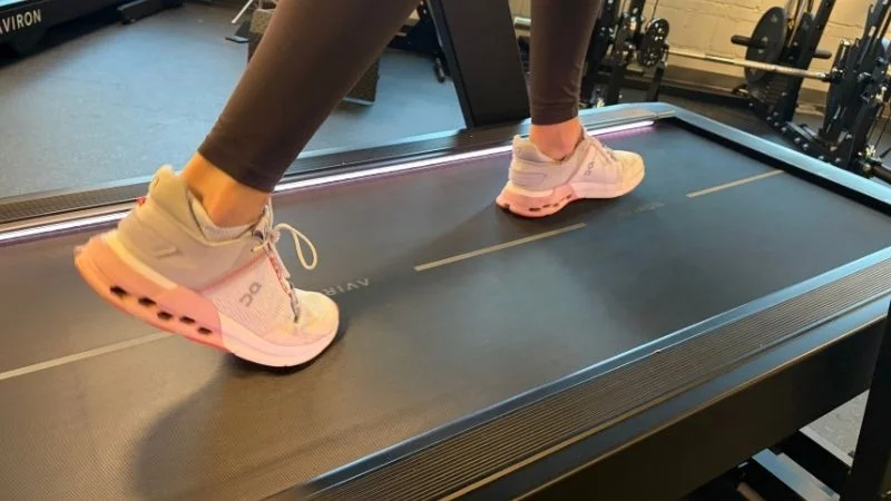 A close up view of the Aviron Summit Treadmill's cushioned belt tread.
