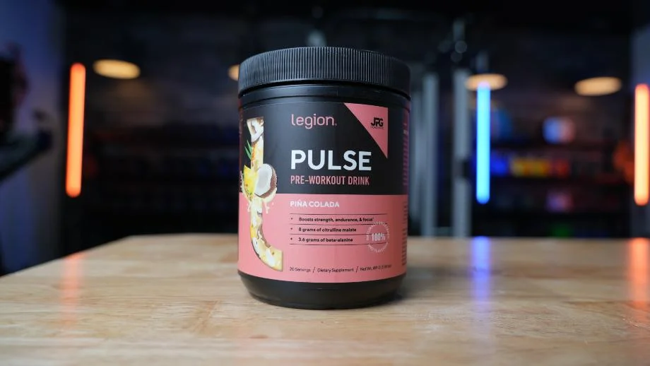 A container of Legion Pulse sits on a table
