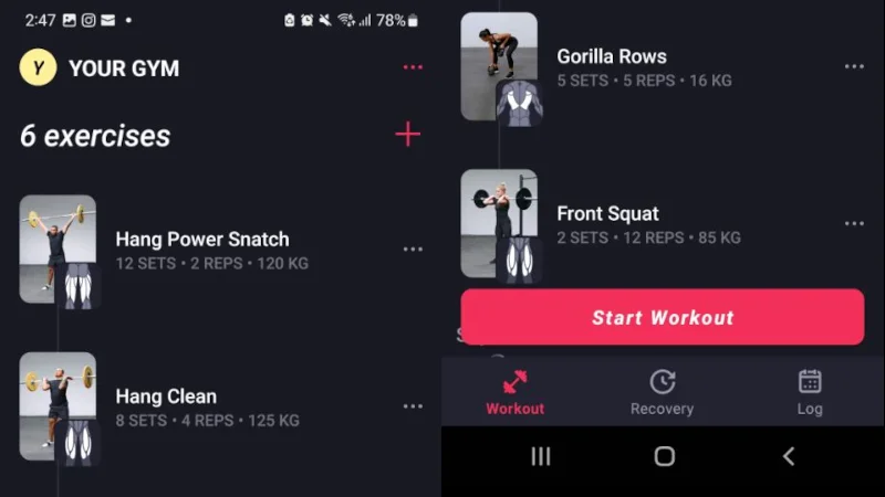 Images of a workout routine generated by the Fitbod app.