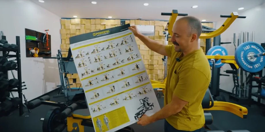 Coop holds up a chart of all the exercises on a Powertec Workbench Multistation